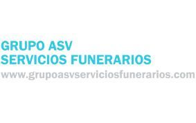 Logotipo de Grupo ASV Servicios Funerarios, texto azul sobre fondo blanco. Dirección web a continuación.