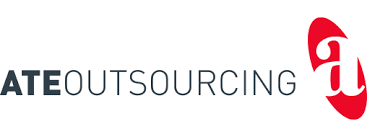 Logotipo para ATE Outsourcing, texto gris oscuro y un óvalo rojo con una 