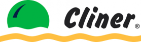 Logotipo de Cliner con una esfera verde que contiene una hoja azul, una línea amarilla ondulada y la palabra 