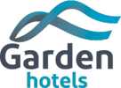 Logotipo para Garden Hotels: líneas entrelazadas de color verde azulado sobre la palabra 