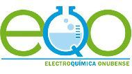 Logotipo para Electroquímica Onubense: letras verdes y azules con el icono de un vaso de precipitados.