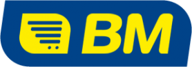 Logotipo de BM en texto amarillo sobre fondo azul. La 