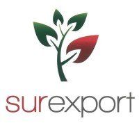 Logotipo de Surexport con una planta estilizada con hojas verdes y rojas, texto debajo: surexport.