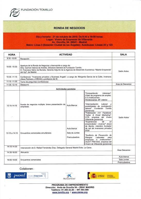 Calendario del foro empresarial con horarios, ponentes y ubicaciones.