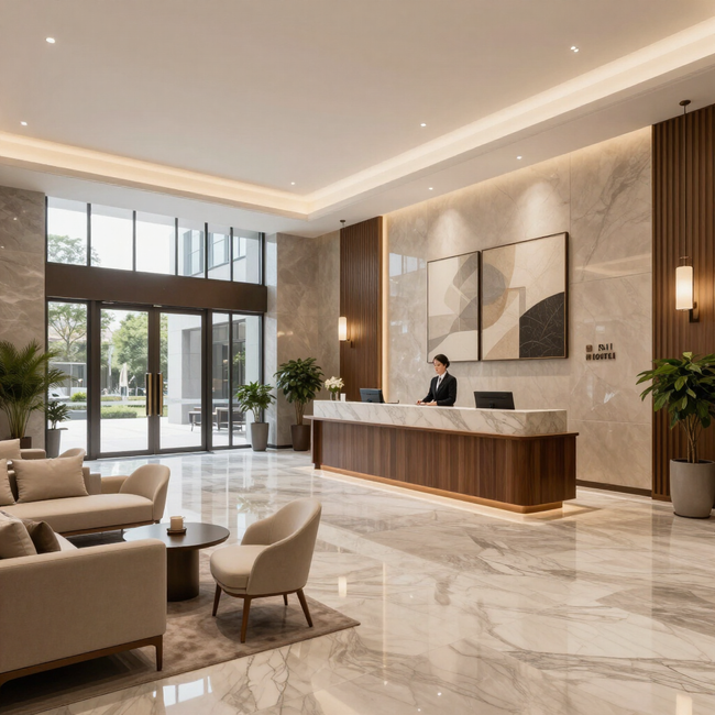 Moderne hotellobby met marmeren vloeren, receptiebalie, zithoek en grote ramen met uitzicht op het groen.