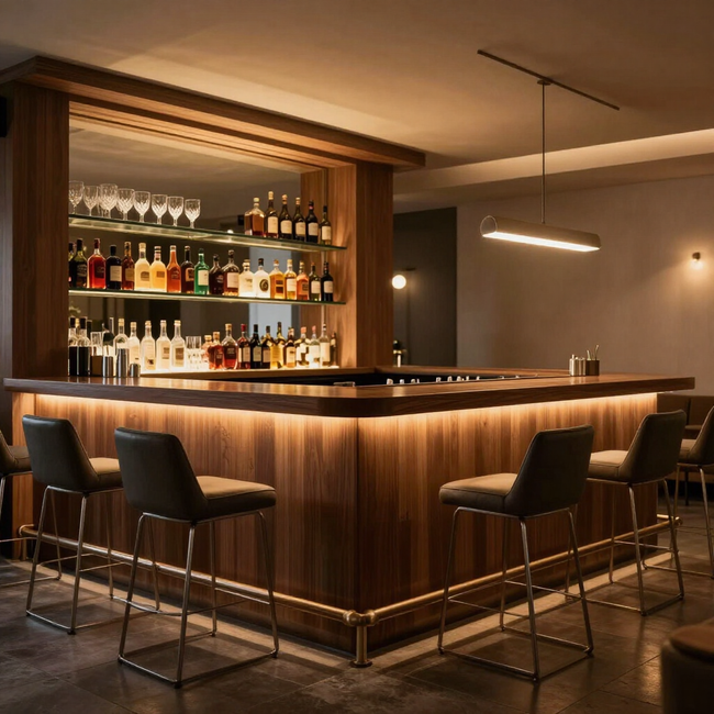 Moderne houten bar met barkrukken, verlichte planken en een hangende pendellamp.