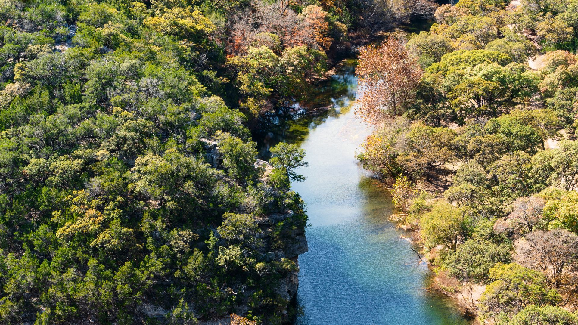 An aerial view of a river surrounded by trees.