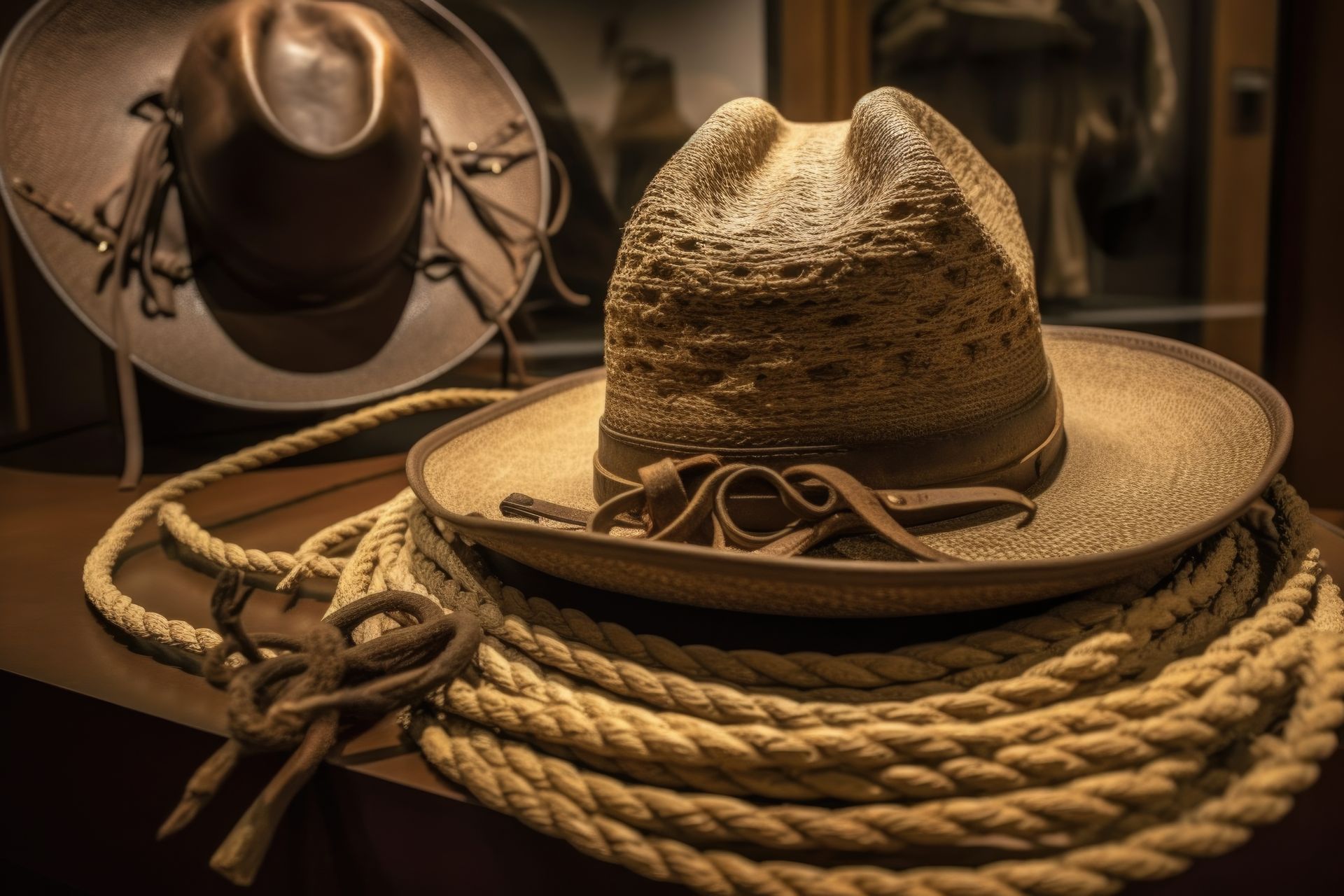 A cowboy hat is sitting on top of a rope on a table.