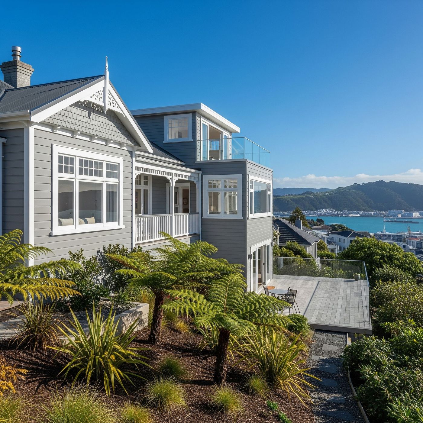 Gray house with a balcony overlooking a city and harbor under a blue sky.