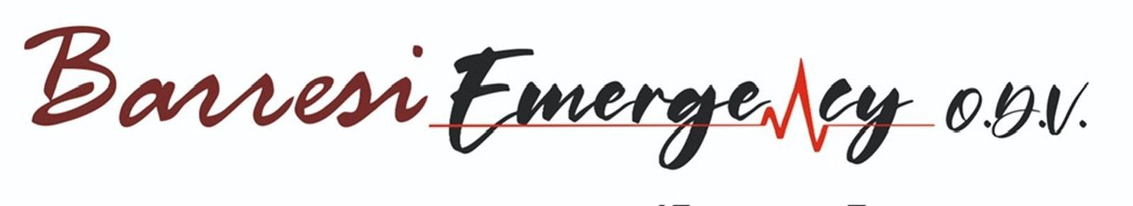 Logo Barresi Emergency con scritte dal rosso scuro al nero. Emergency ha una linea rossa che rappresenta il battito cardiaco.