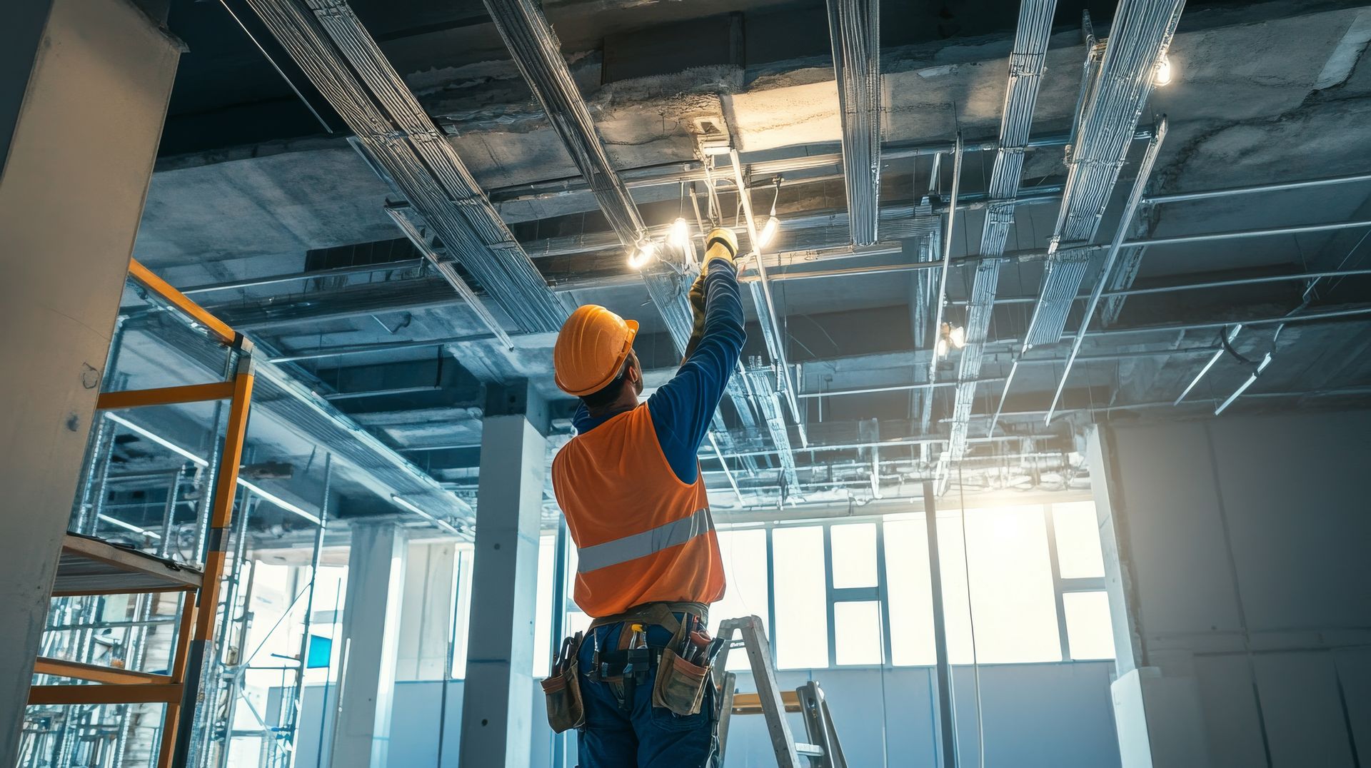 An electrician installing lighting fixtures in a commercial building under construction.