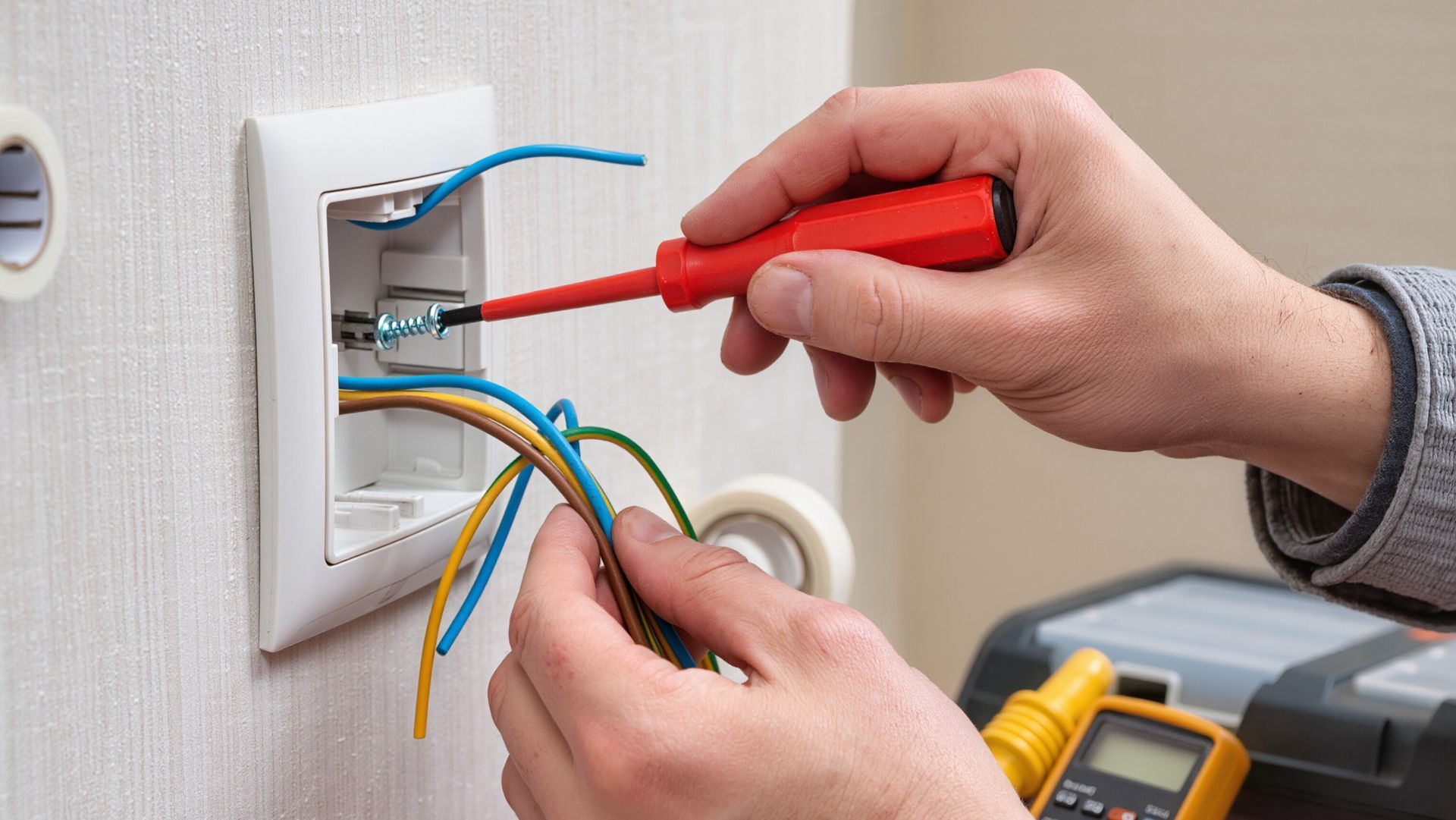 Hands connecting wires and tightening a screw inside an electrical wall box.