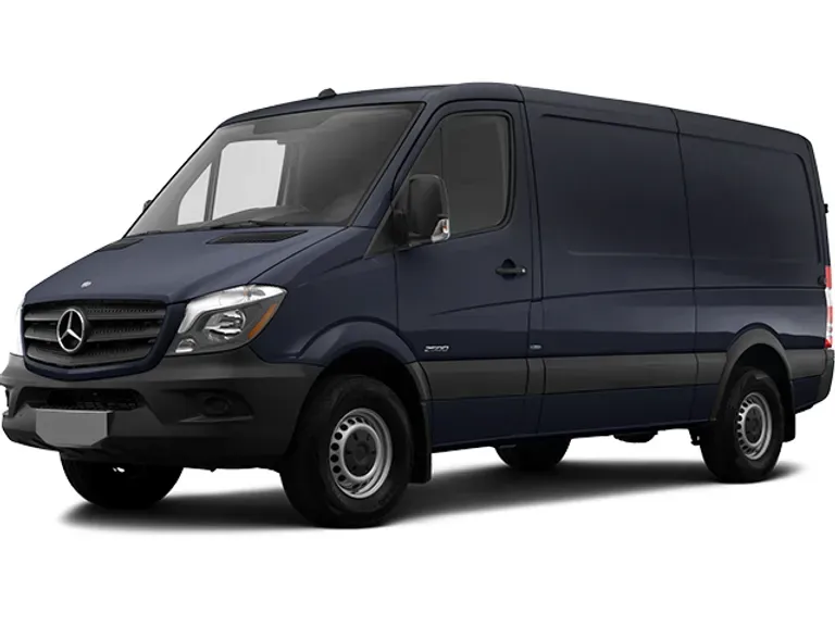 A blue mercedes sprinter van is shown on a white background.