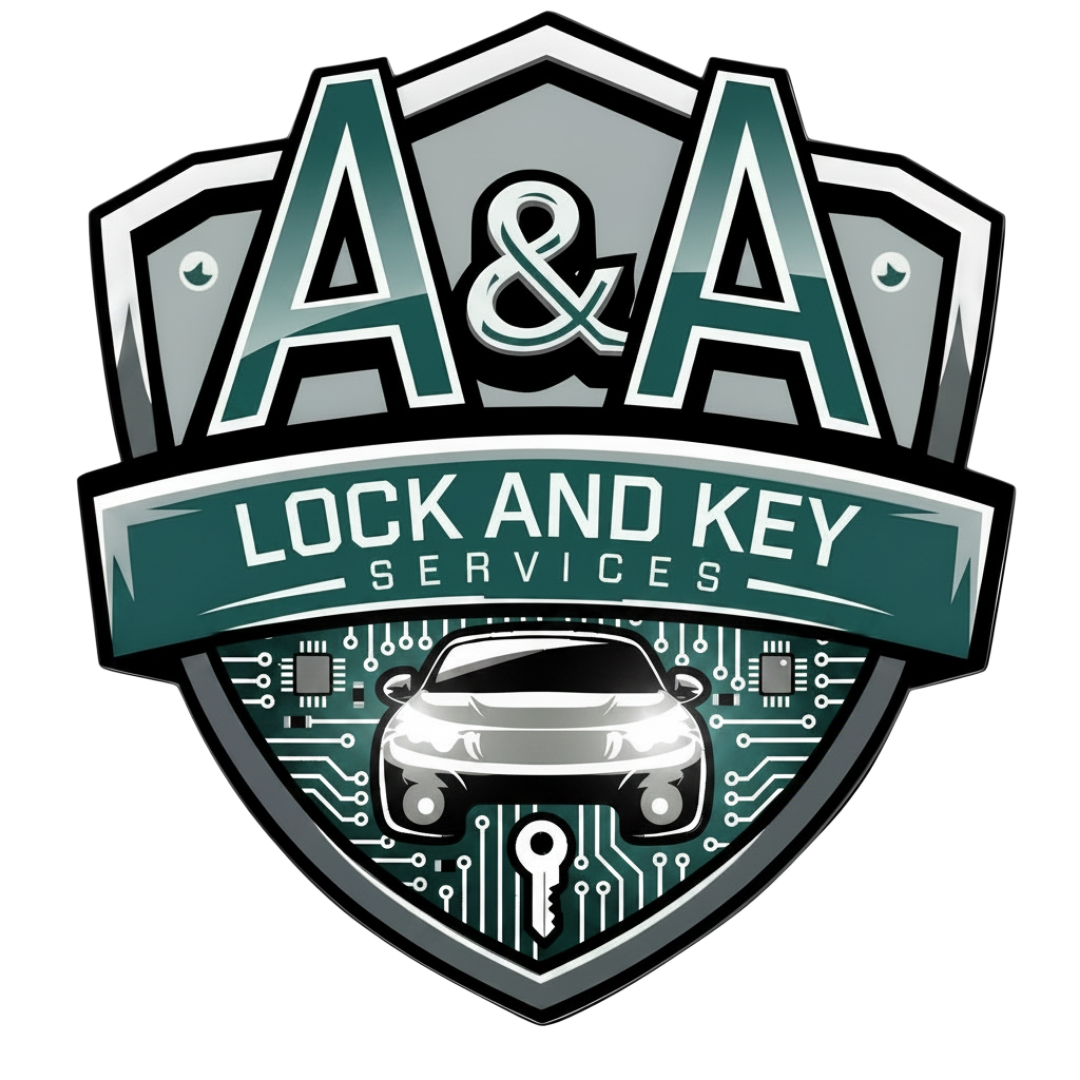 A&A Lock and Key Services logo with shield, car, keys, and teal-gray accents