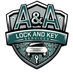 A&A Lock and Key Services logo with teal and gray shield, car, and key icon