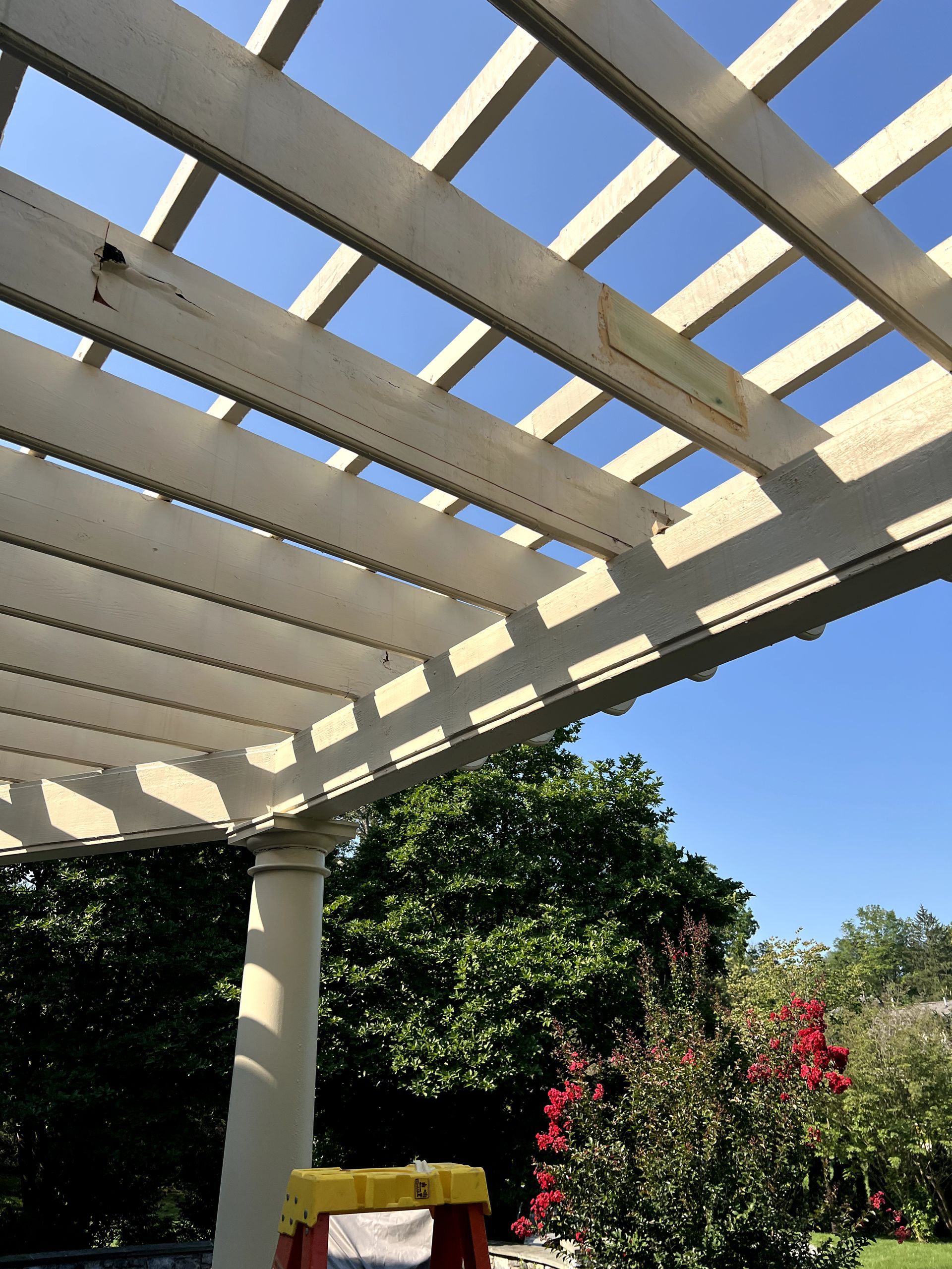 White pergola over patio with blue sky and green trees.