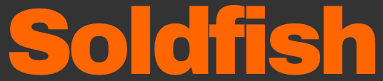 An orange soldfish logo on a black background