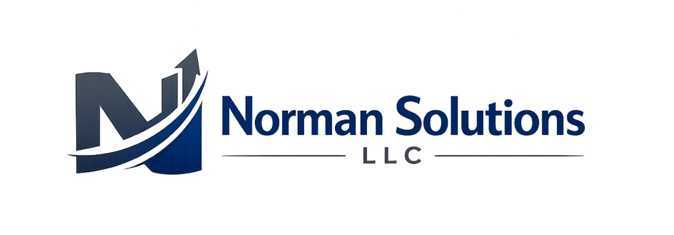Logo for Norman Solutions, a tech company. Blue and silver circuit board design in a circle on dark blue background. Text 
