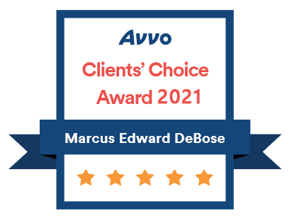 A badge that says avvo clients choice award 2021 marcus edward debose