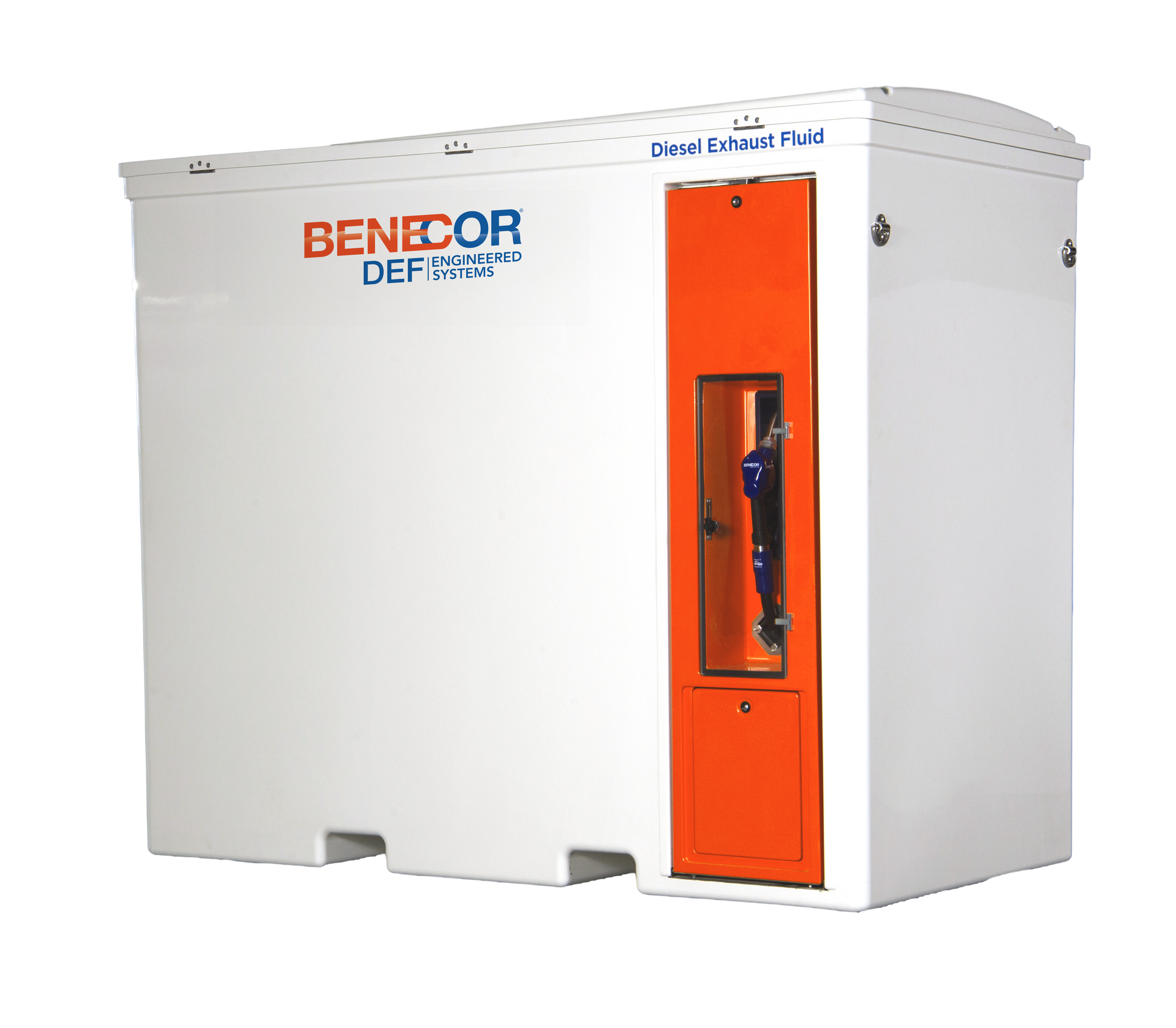 White and orange BENECOR DEF tank with blue pump visible through a window.