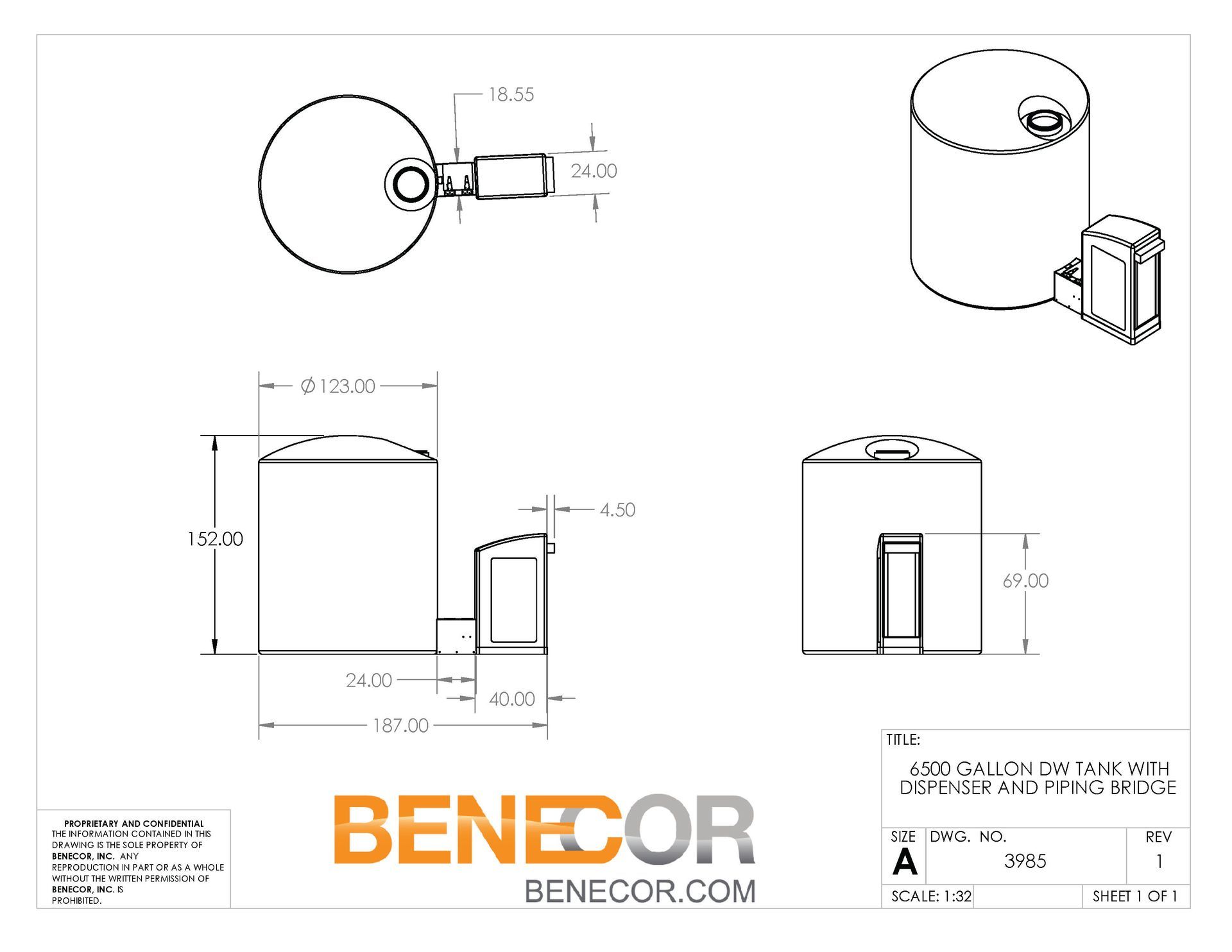 Technical drawing of a cylindrical tank with attached rectangular component, labeled with dimensions.
