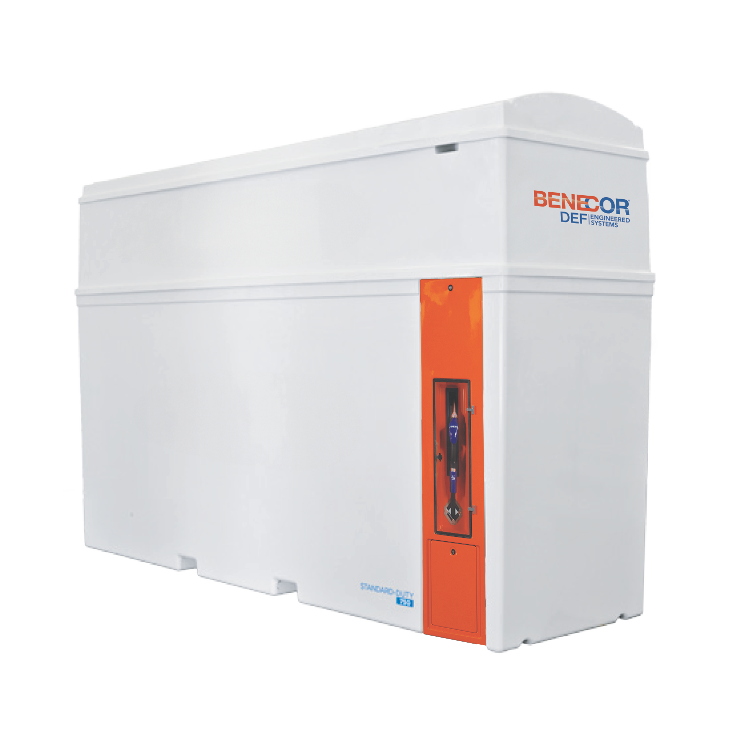 White and orange BENECOR DES System unit. Rectangular, with a curved top, indoors.