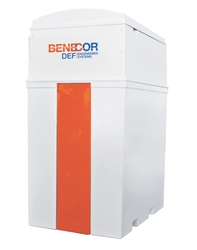 White BENECOR DEF storage tank with orange vertical stripe.