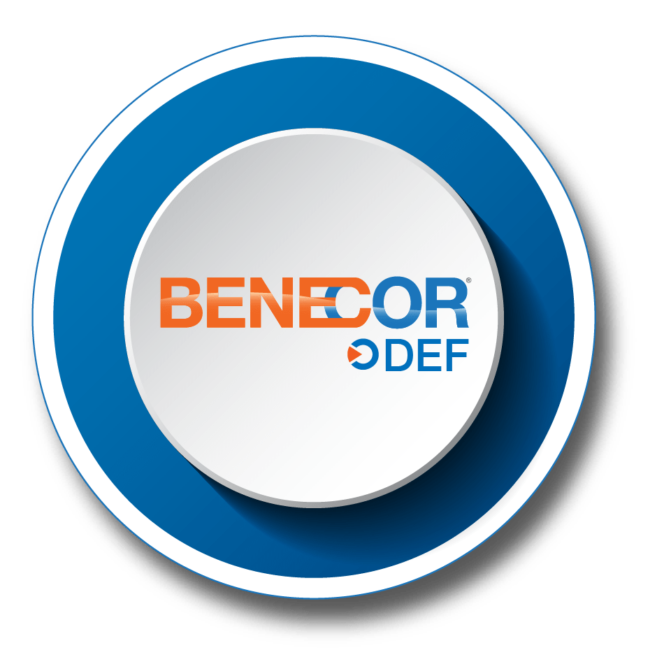 Logo for BENECOR DEF, a white circle with text inside a blue and white circle.