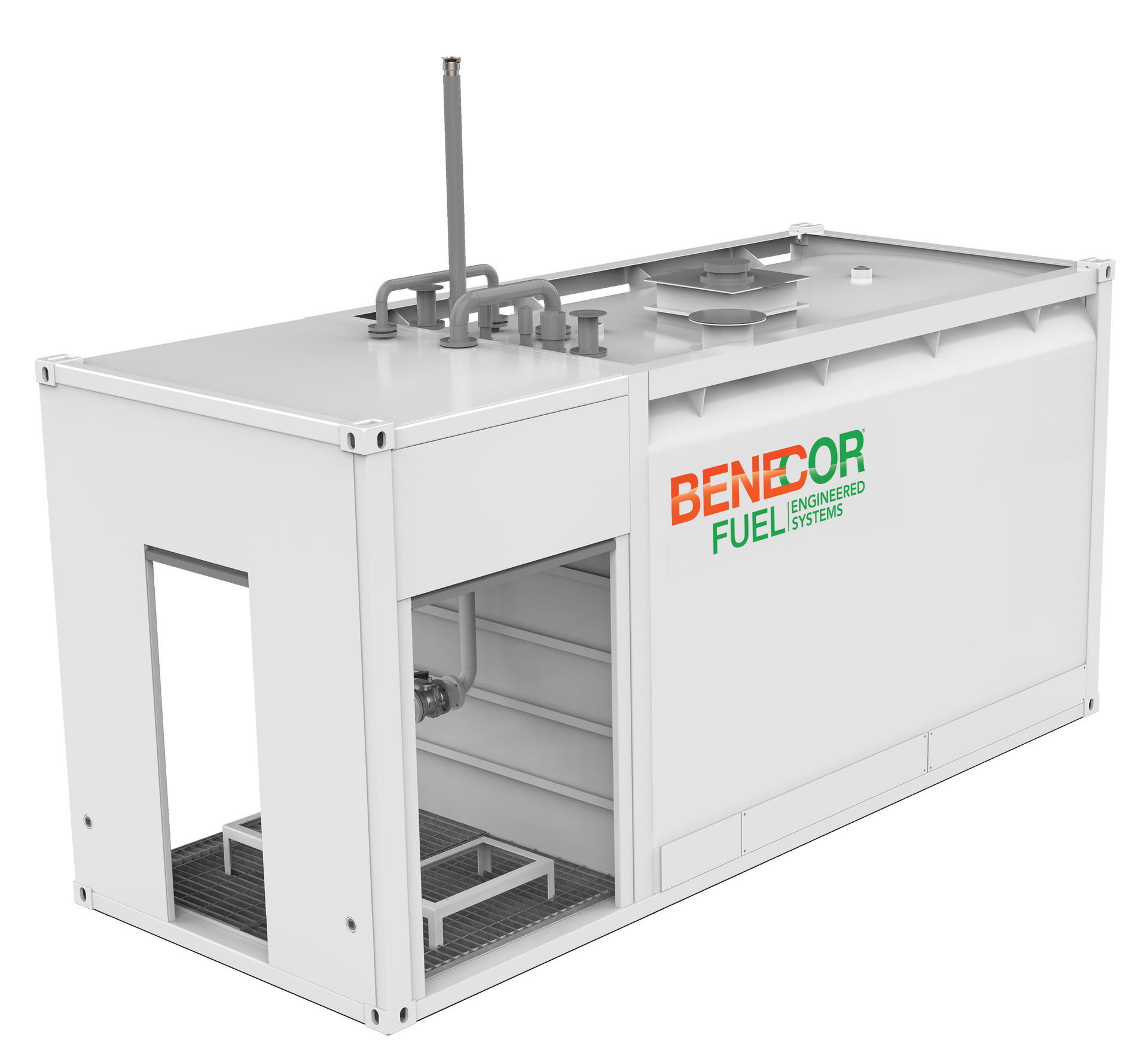 White fuel storage container with Beneccor logo. Features access door and piping on top.