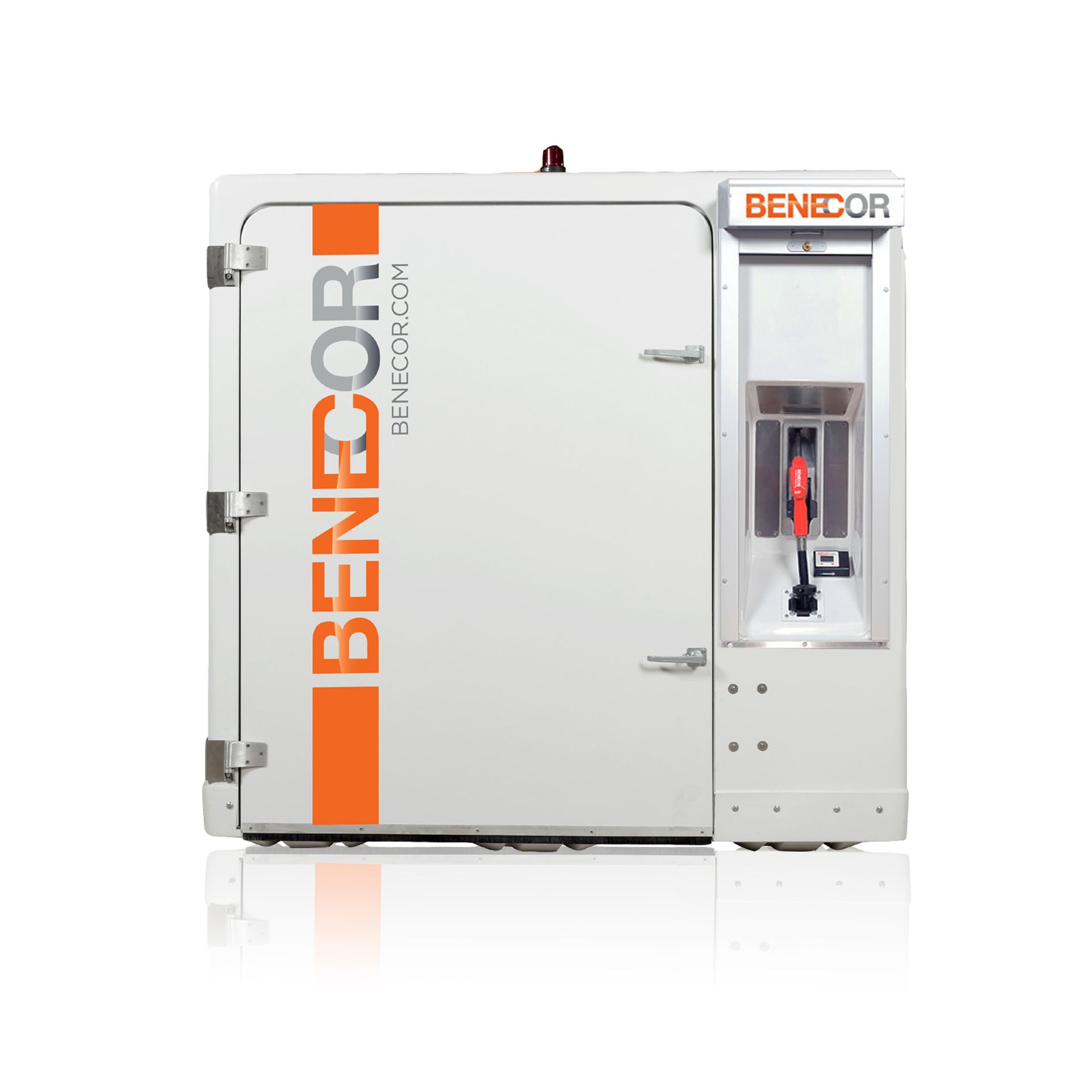 White BENEOR machine with orange stripe and logo, door open revealing red components, on a white background.