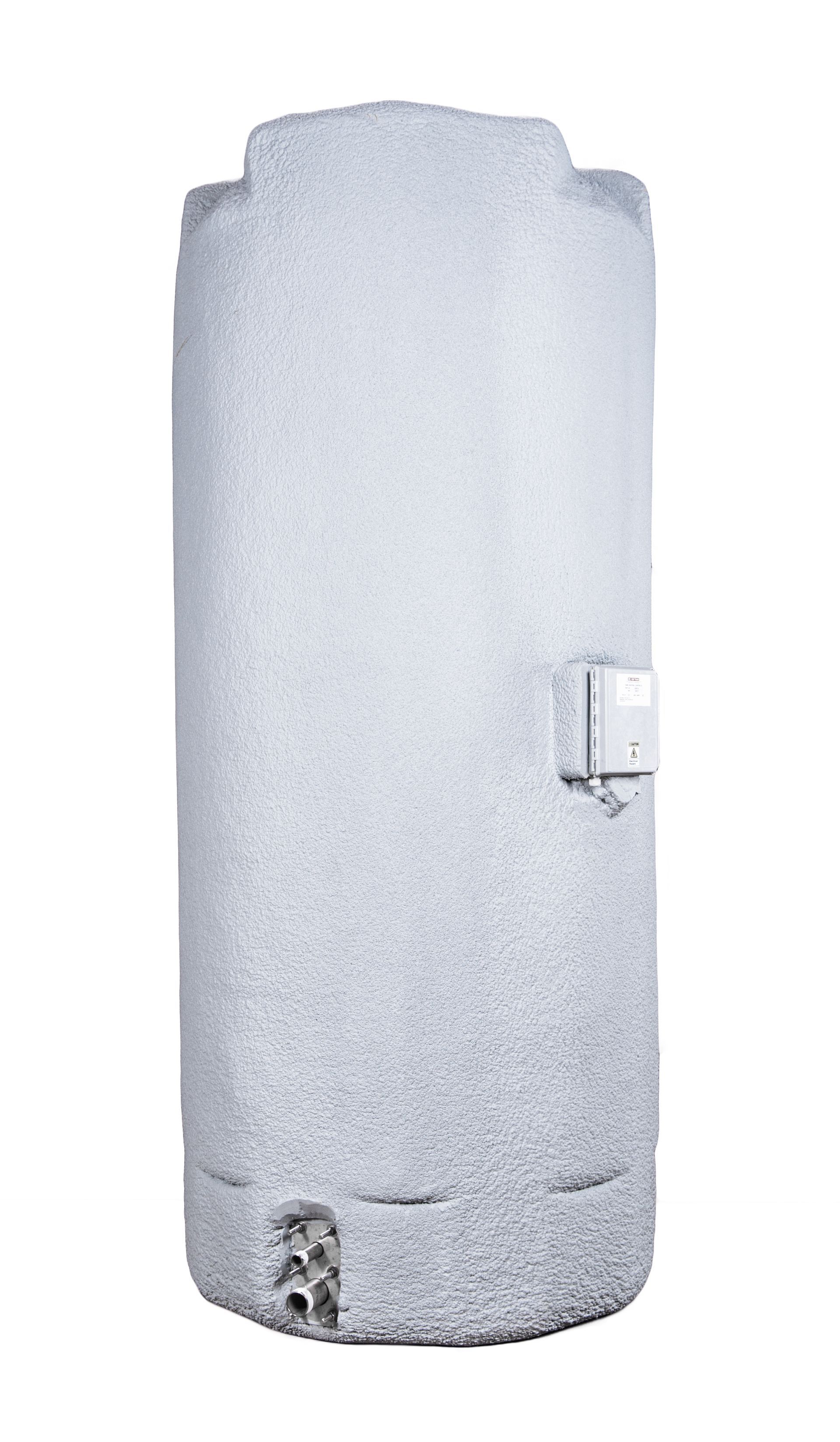 White, cylindrical water heater with textured surface, a control panel, and connection ports at the bottom.