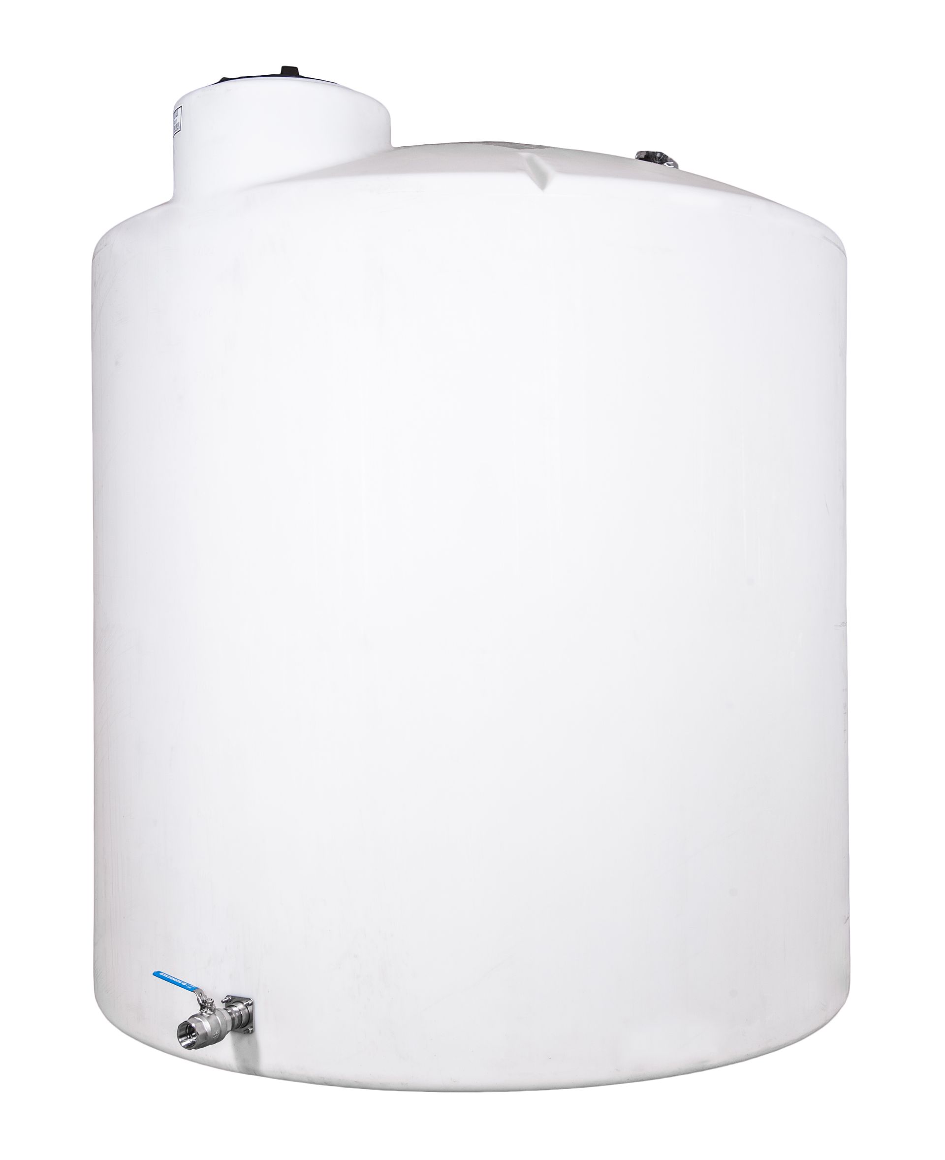 White cylindrical water storage tank with spigot.
