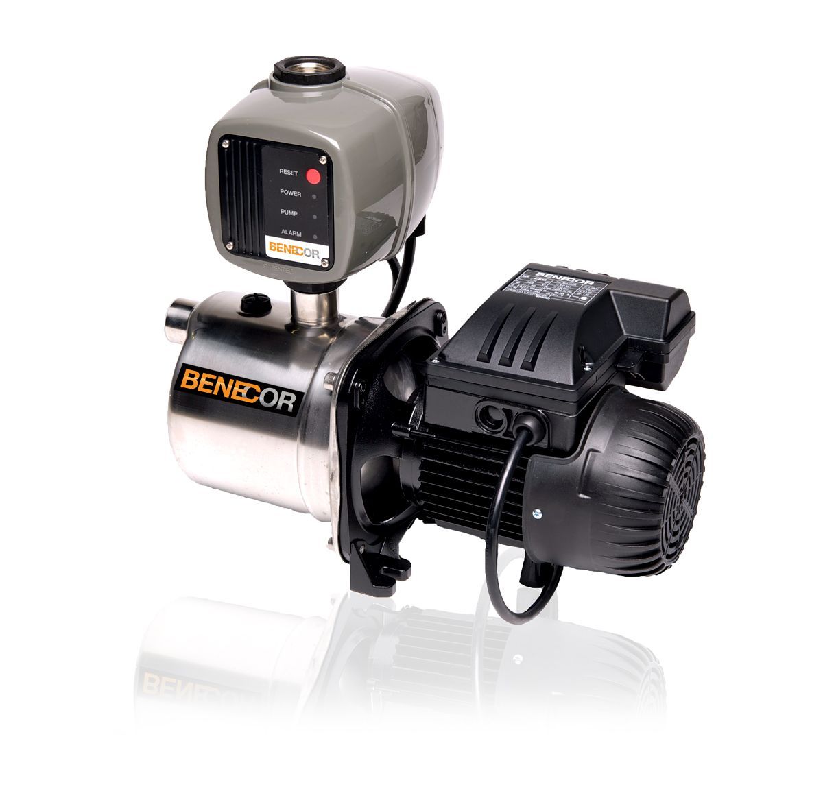 Stainless steel water pressure booster pump with black motor and control panel.