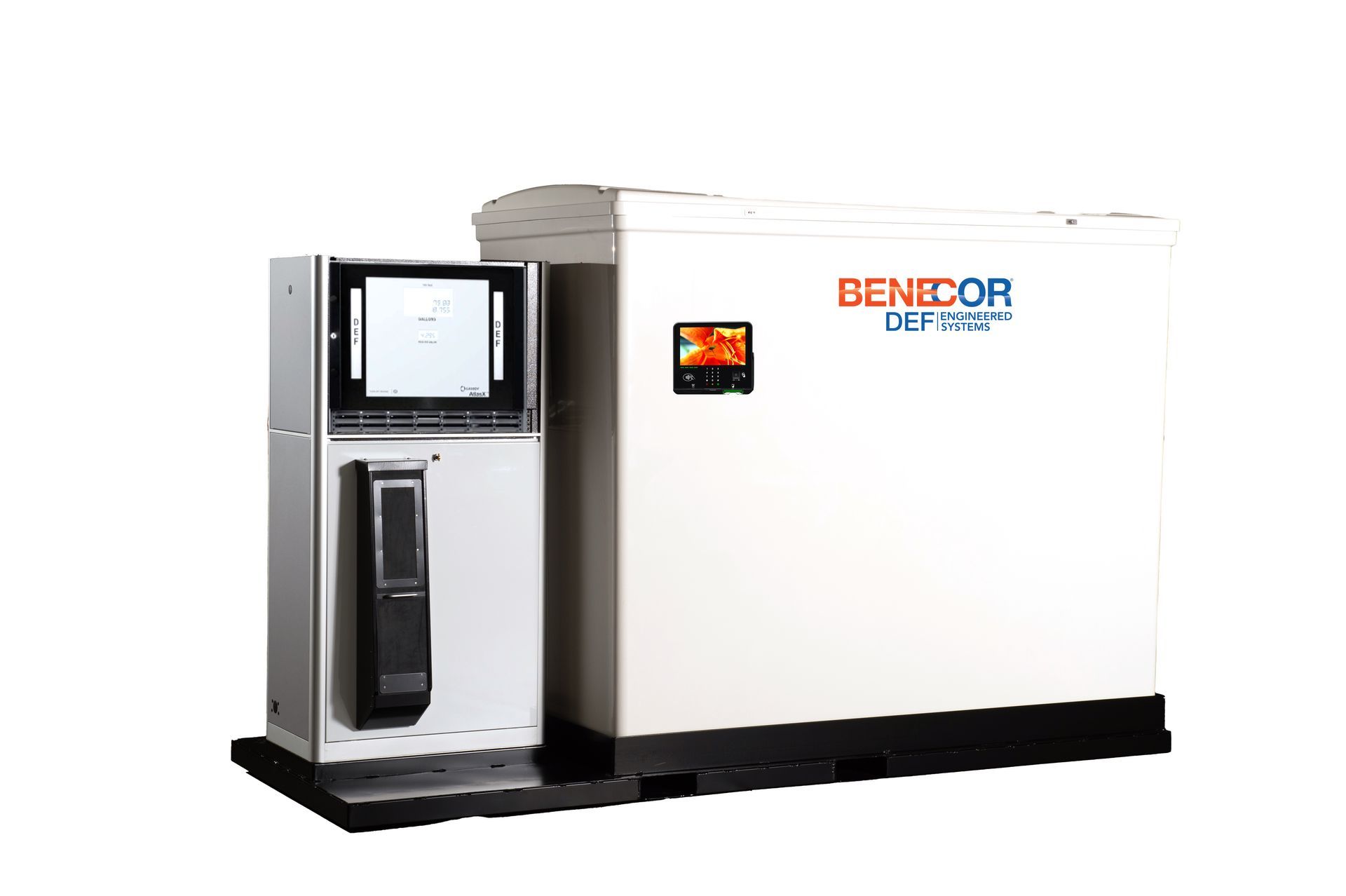 White and silver gas pump with BENECOR logo; exterior shot.