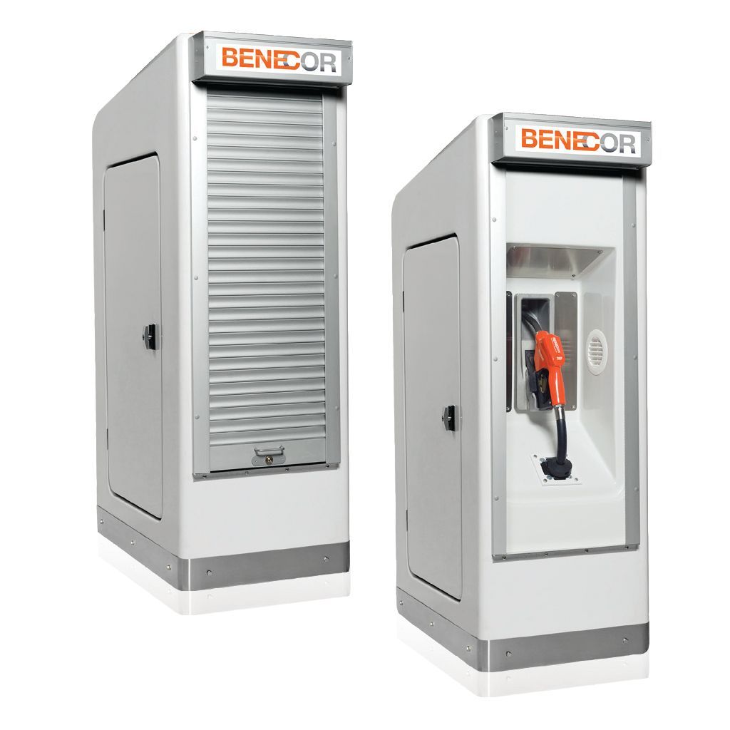 Two white BENECOR fueling stations: one closed with a shutter, the other with a red fuel nozzle.