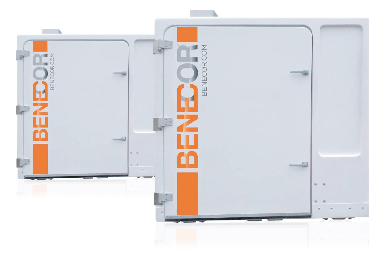 Two white BENECOR RF BOX units with orange logos, one with door open, outdoors.