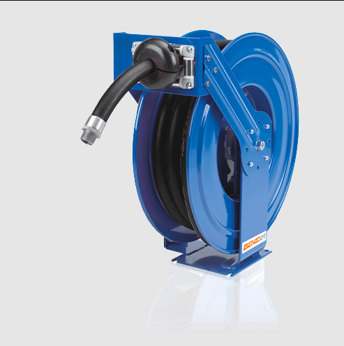 Blue industrial hose reel.