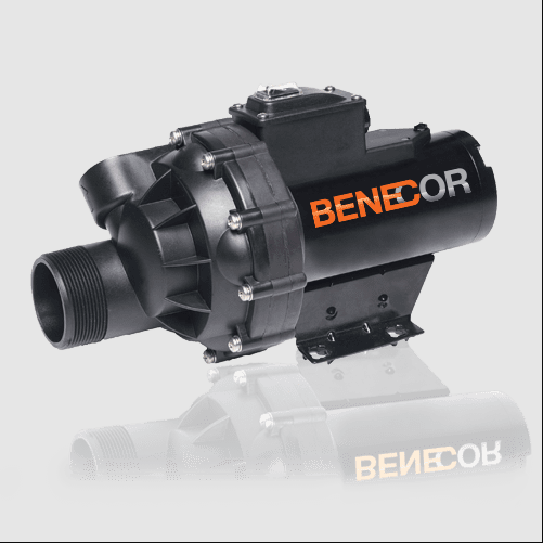 Black BENECOR water pump with orange lettering, mounted on a black bracket.