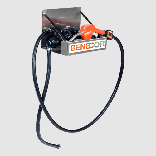 Wall-mounted fuel pump with black hoses and orange nozzle, branded