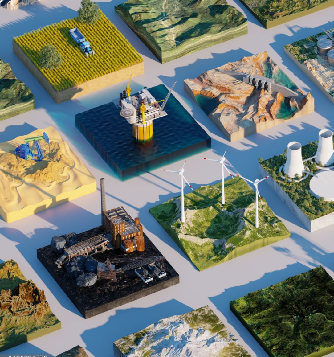 Miniature landscapes showcasing diverse energy sources including farming, oil rig, and wind turbines.