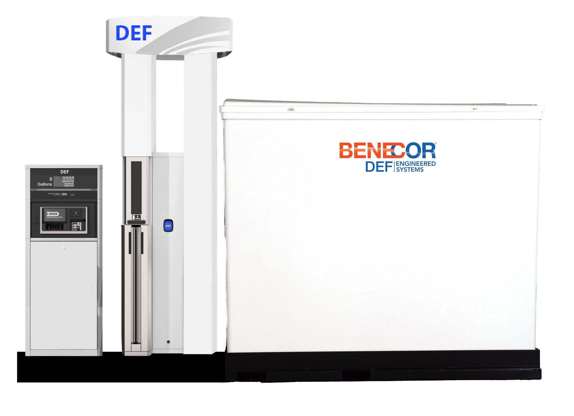 DEF fuel dispenser with BENECOR branding; white cabinet, gray control panel.
