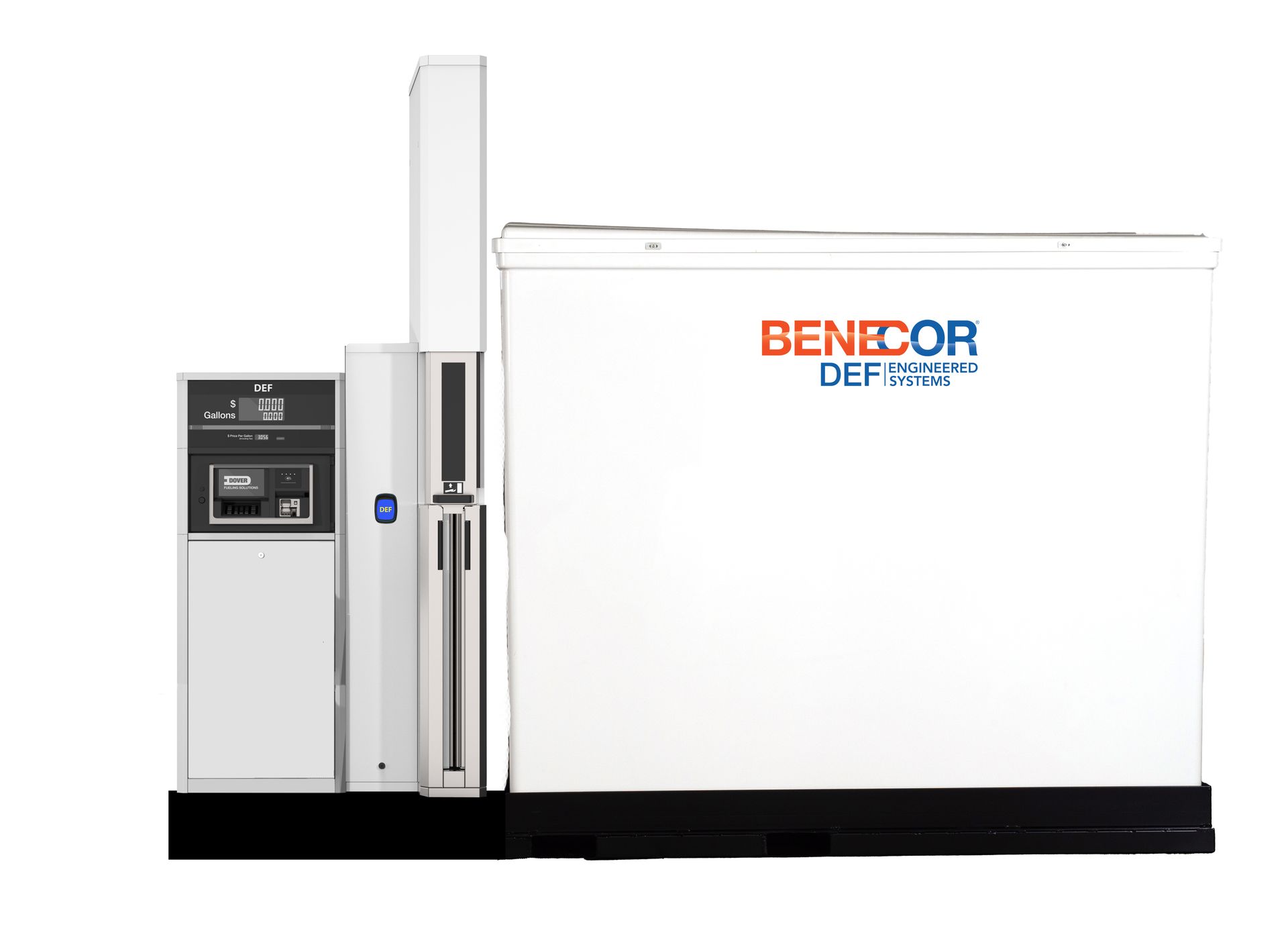White BENECOR DEF fuel dispenser, outdoors. Features display, nozzle, and branding on the side.