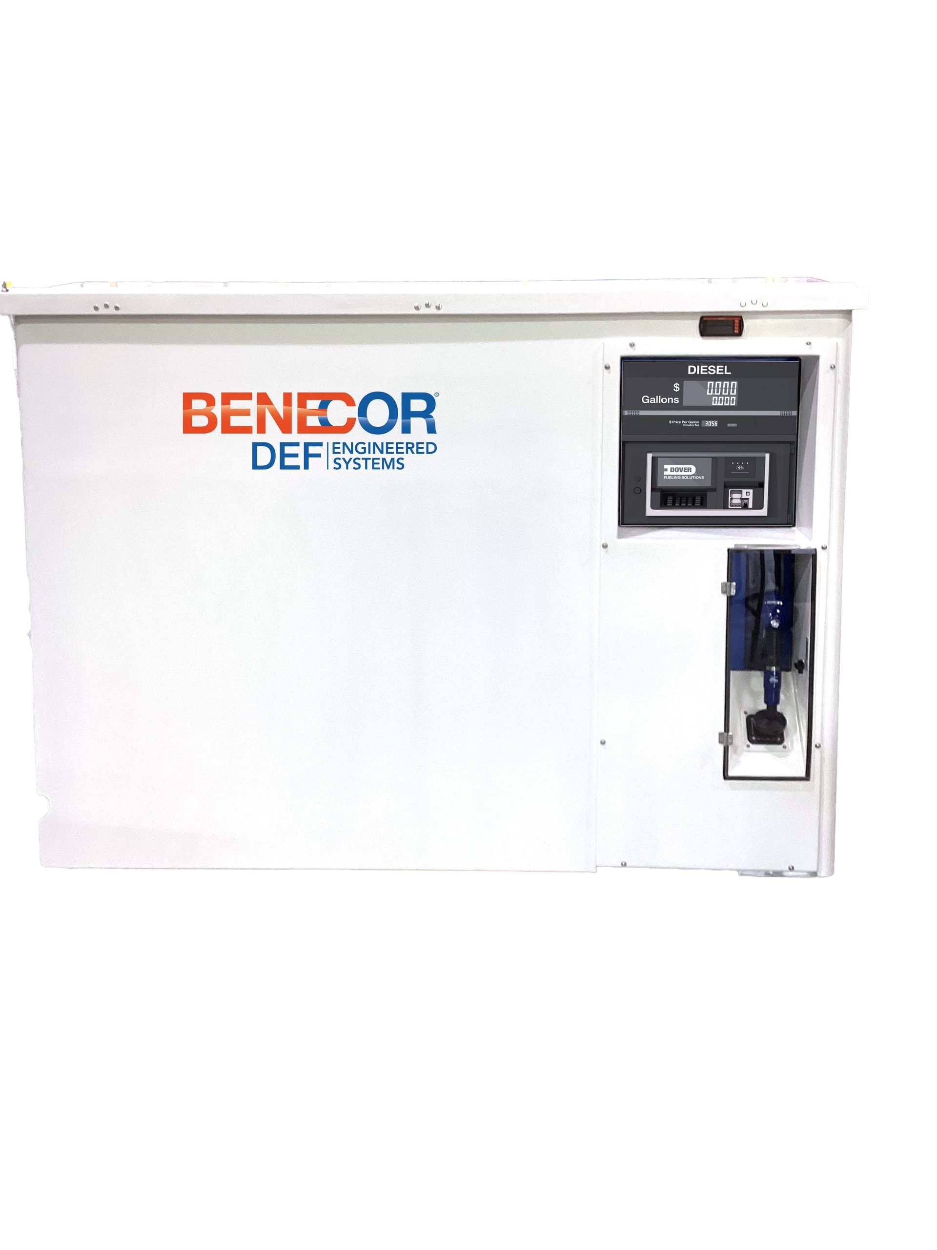 White BENECOR DEF dispenser with control panel and blue nozzle.
