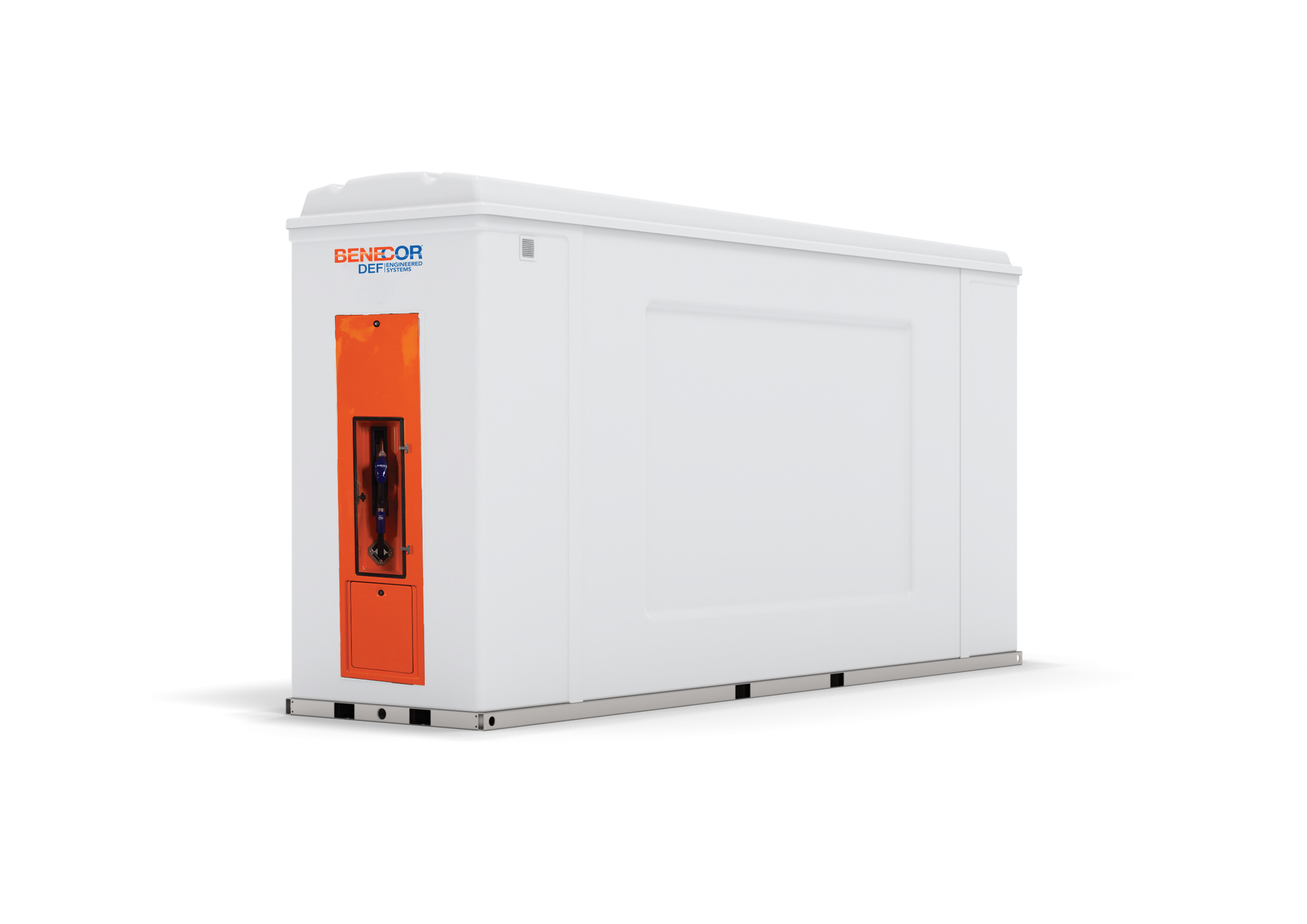 White rectangular BENECOR electrical cabinet with orange panel on a white background.