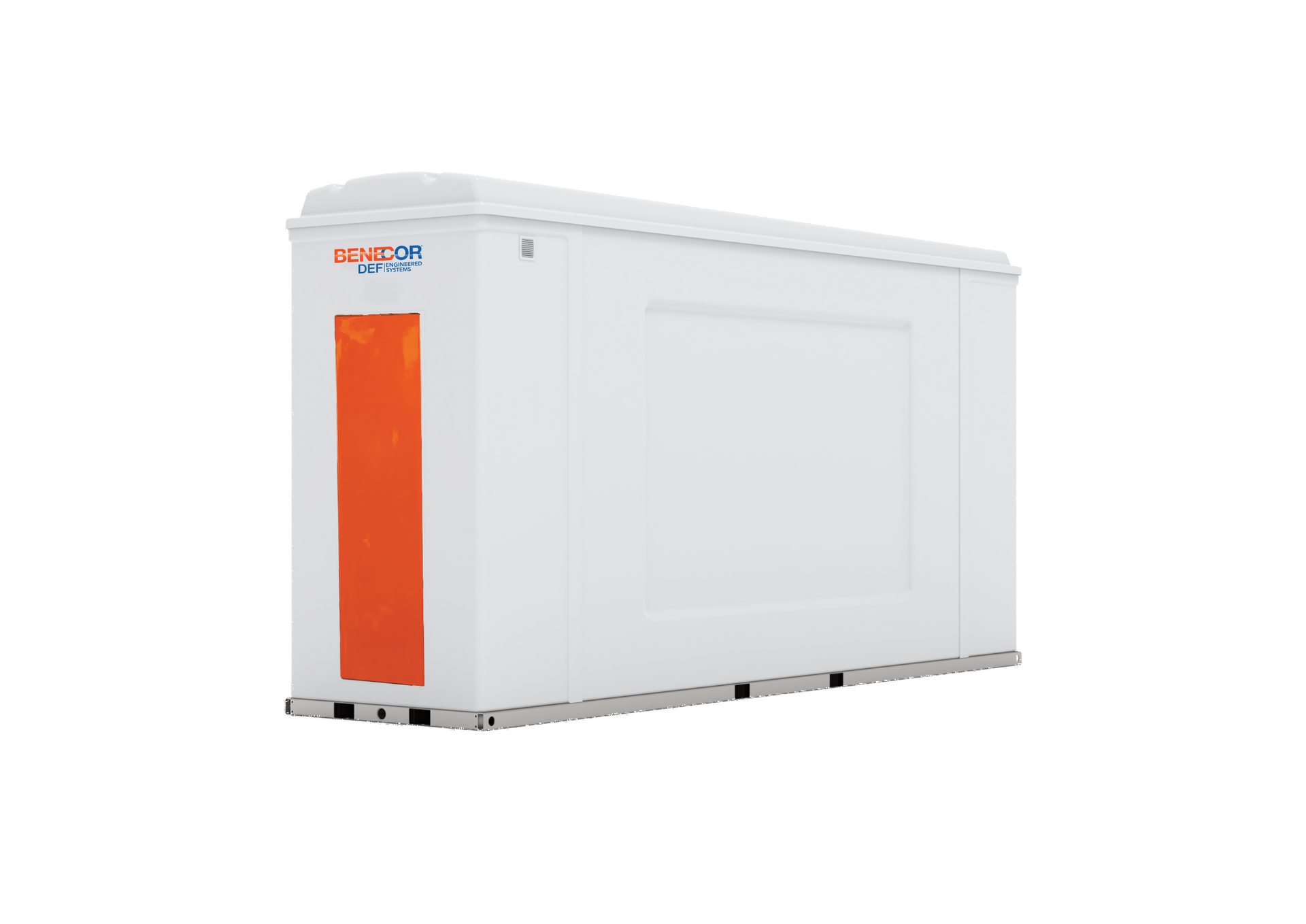 White rectangular portable building with an orange door.