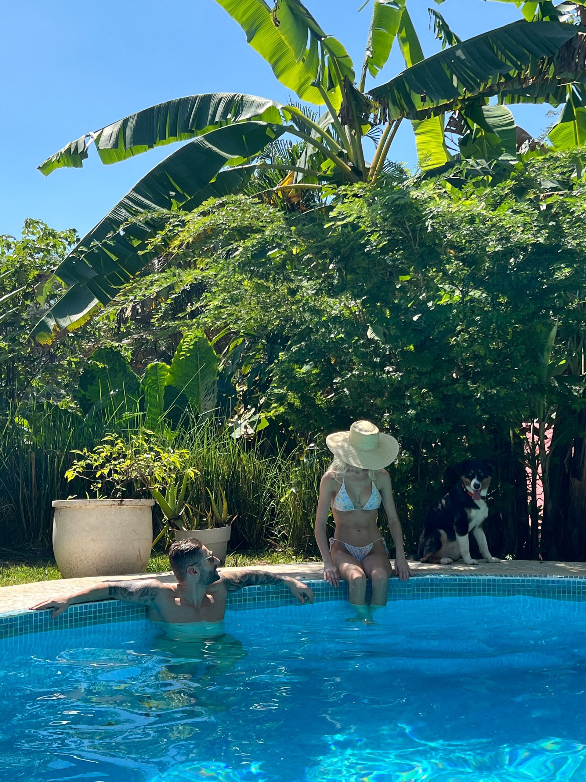 Two women are sitting in a swimming pool with a dog