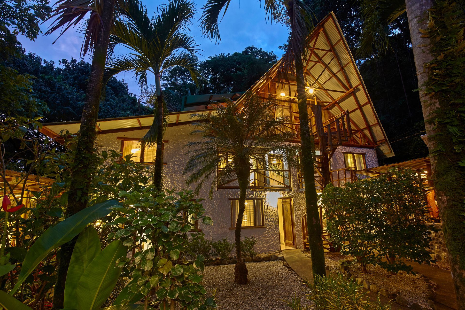 A large house is surrounded by trees and bushes at night.