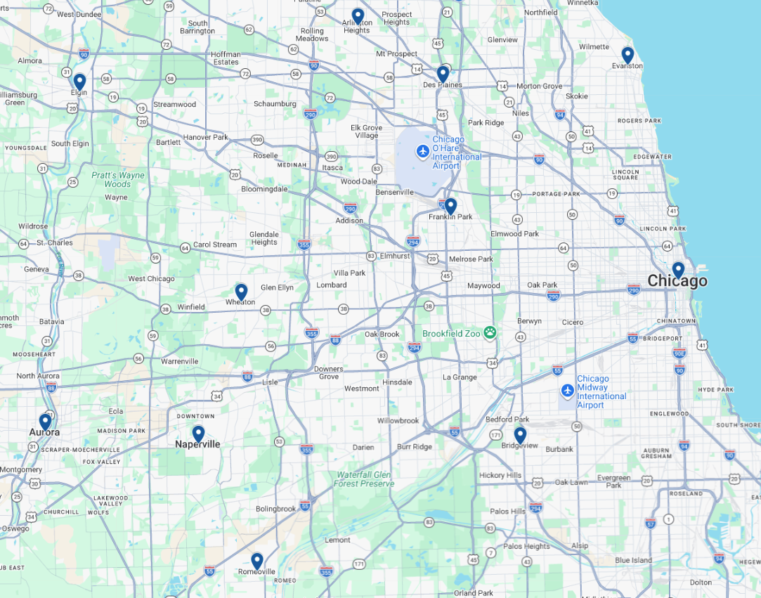 A map of louisville , ky with a lot of blue dots on it.