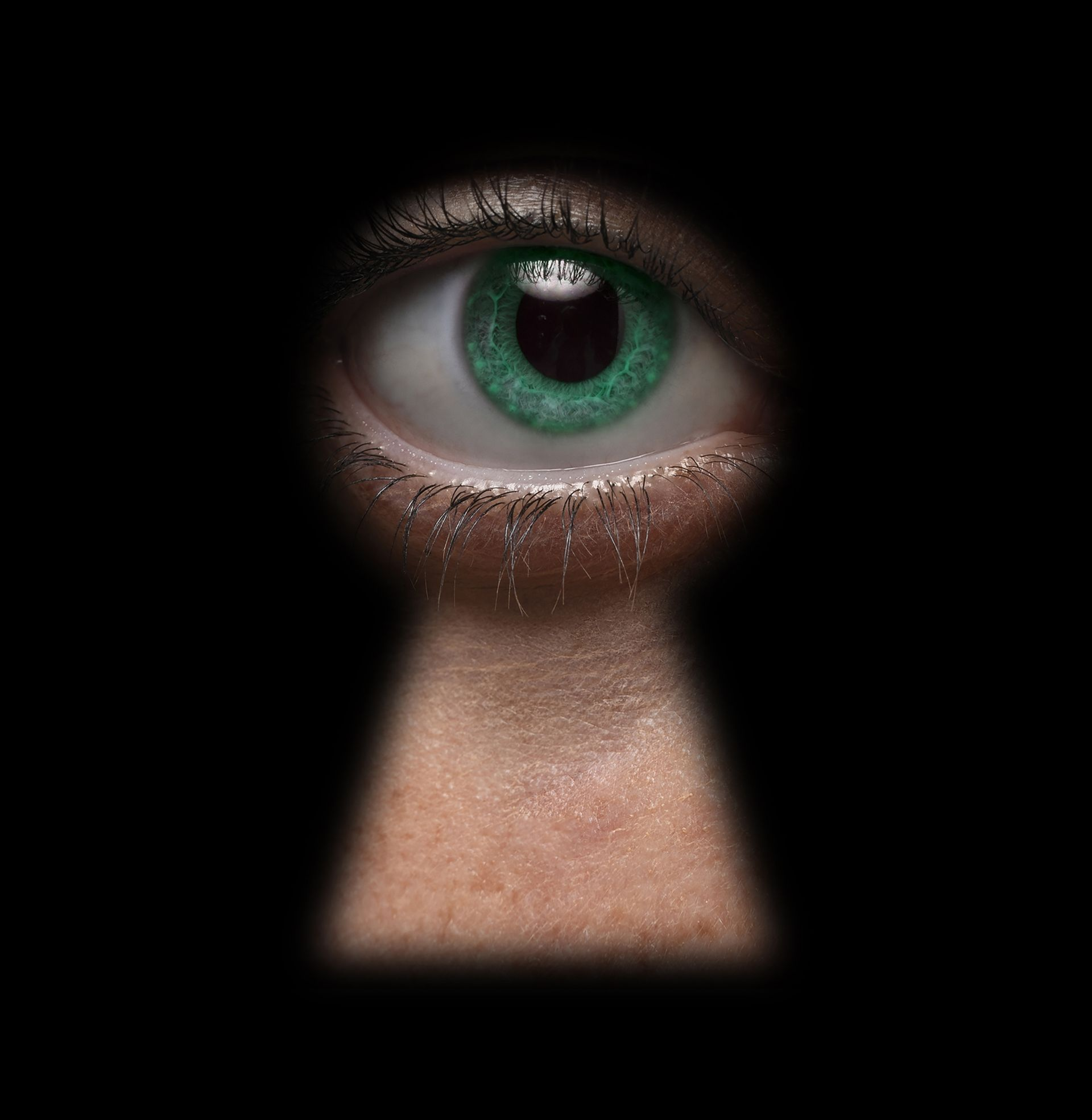 Eye peering through a keyhole, tears falling; teal iris, dark background.