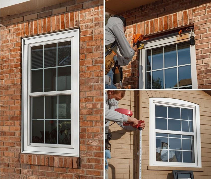 Technicians installing double pane energy efficient windows on suburban house
